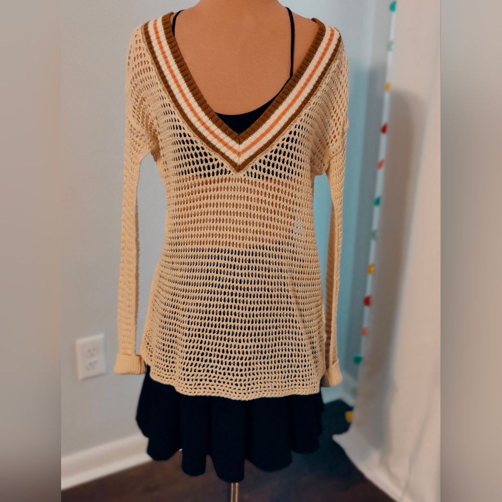 Free People mesh macrame popover sweater Academia open weave We the Free S